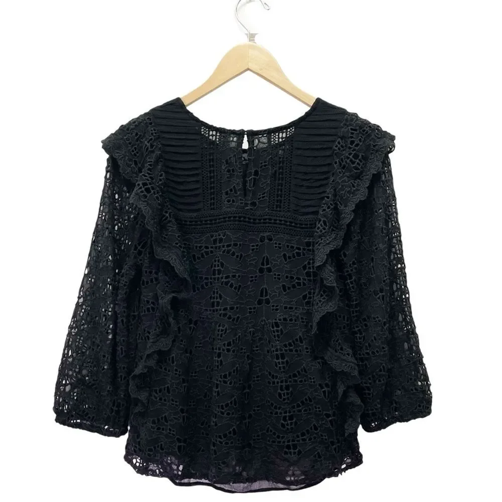 Anthropologie Clementine Eyelet Lace Blouse Black Ruffle Puff Sleeve Size 6